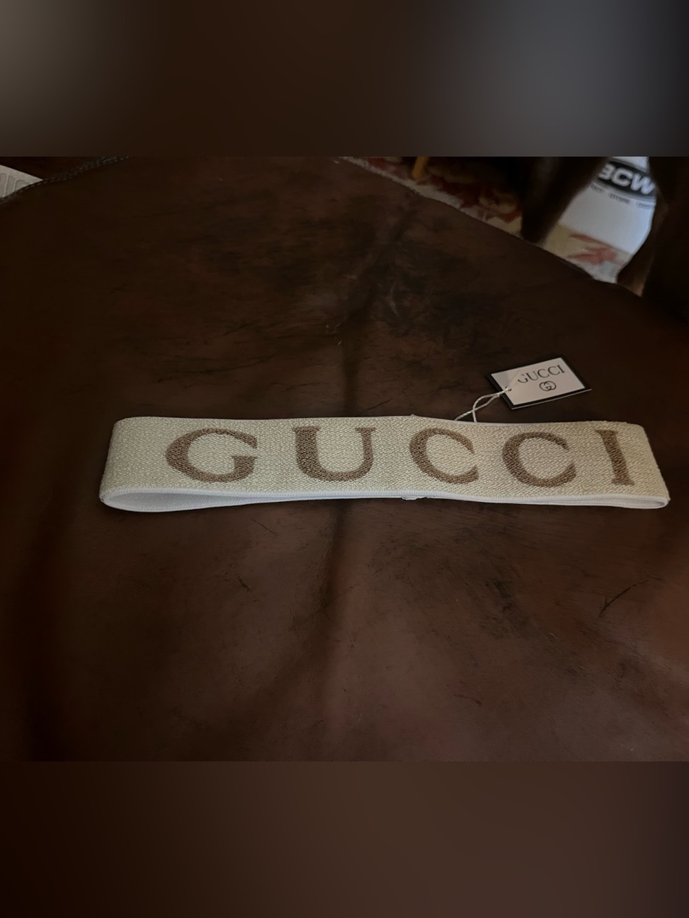 🟫 Gucci. Beige with light Brown Lettering Spellout Stretch Headband